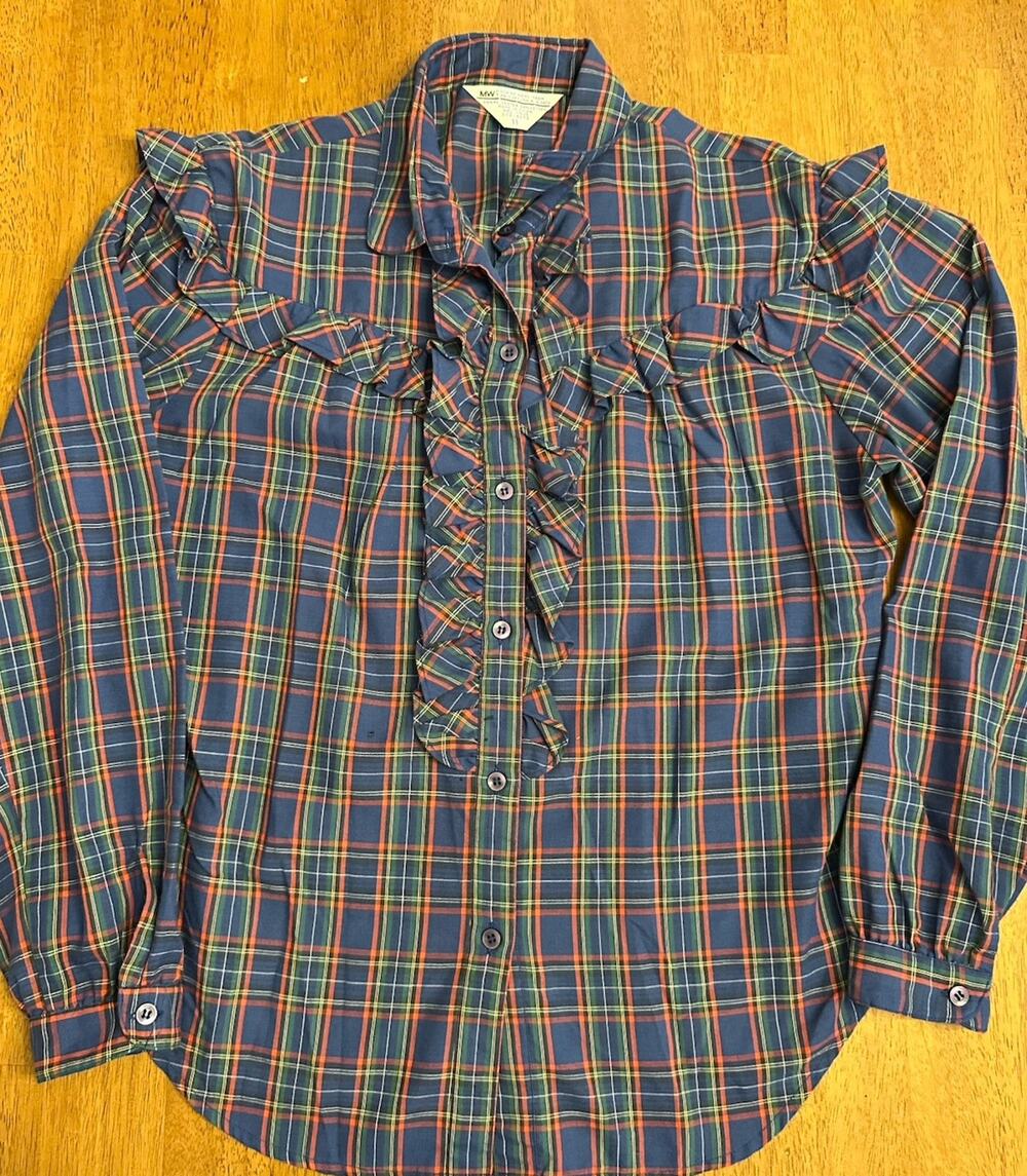 Vintage Montgomery Ward Blouse Girls Size 11 Plaid Ruffled Prairie Western Farm